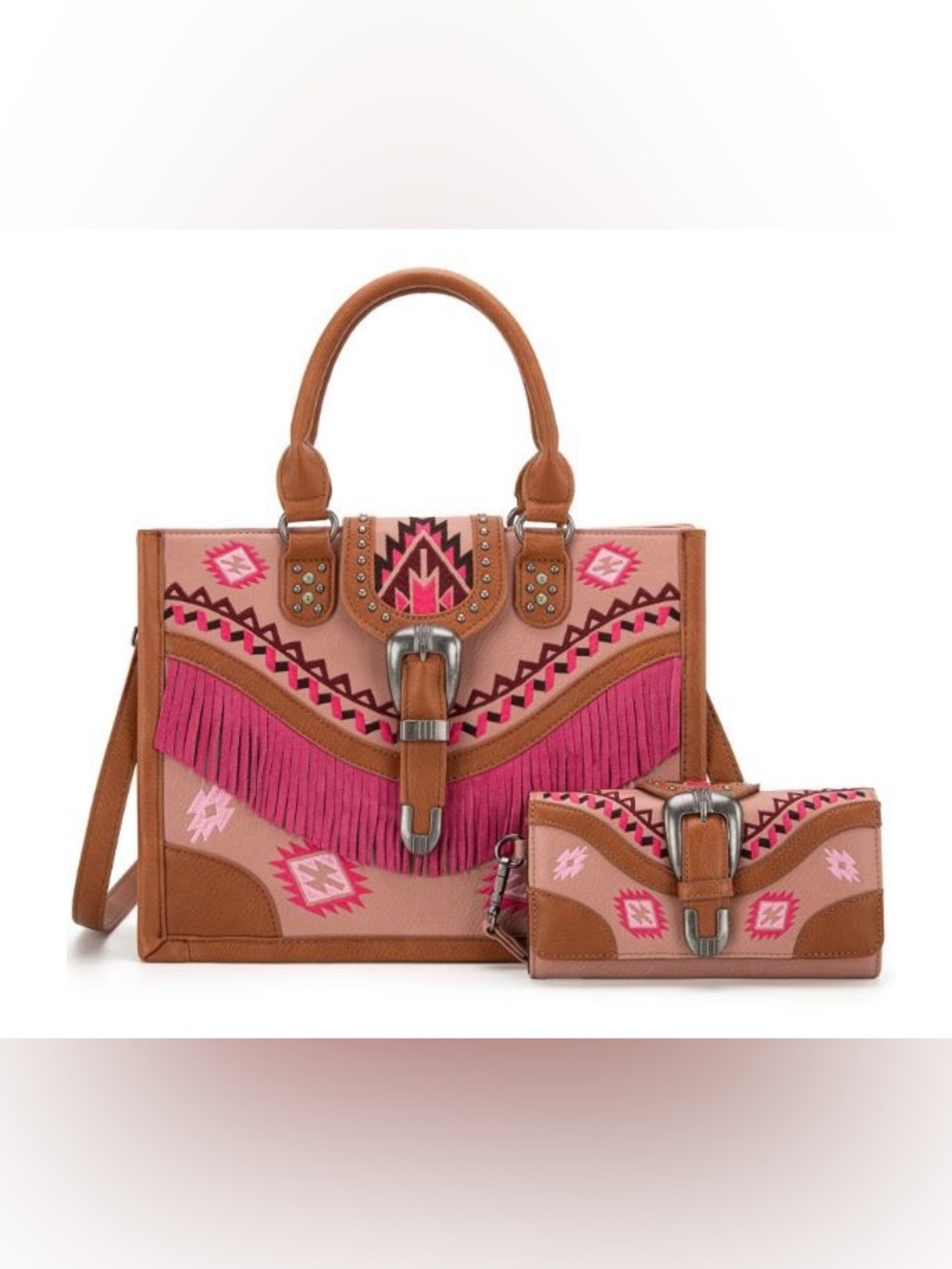 Women's Pink Fringe Tote and Wallet Set - Brown Trim montana west